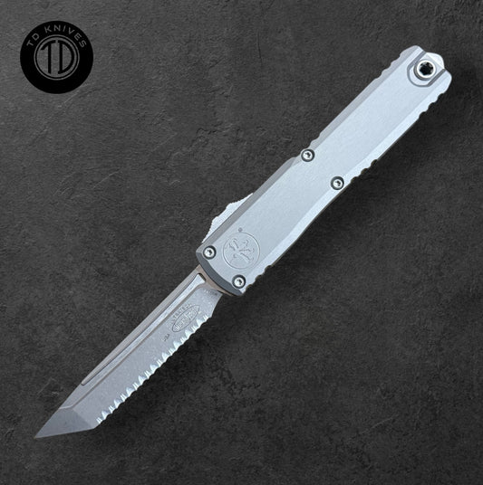 MICROTECH - Ultratech Gen III ZBP in Natural Clear W/ T/E Full Serrated Apocalyptic Blade Finish Model # 1123-12 APNC